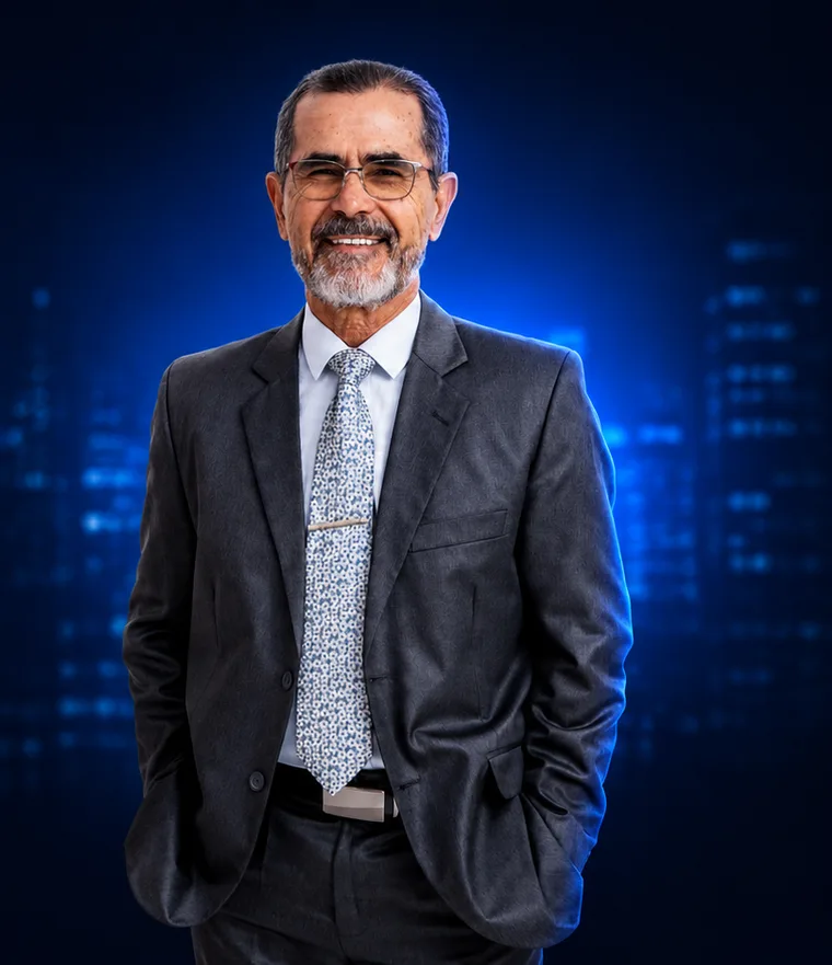 Lindembergue Matos, consultor empresarial, de terno, sorrindo